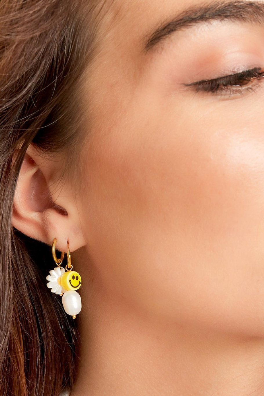 Earrings smiley &amp; pearl Gold Color Stainless Steel Picture2